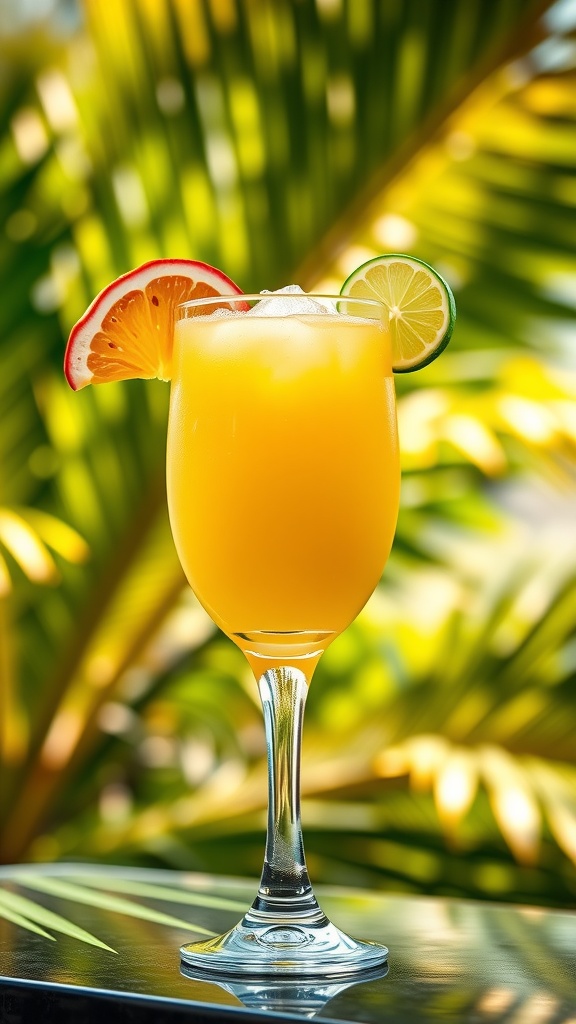 A colorful Passionfruit Tequila Dream cocktail in a glass, garnished with passionfruit and lime, set against a tropical background.